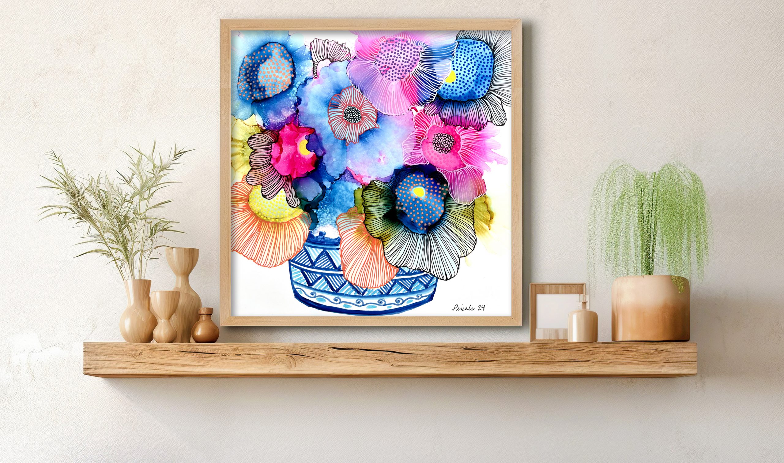 Square empty mock up poster frame on wooden shelf. Interior design of modern living room with white wall and home decor pieces. Created with generative AI